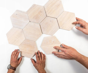 Wooden wall panels MINI hexagons whitewashed 3D